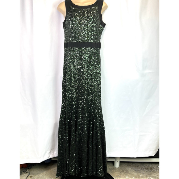 Badgley Mischka Green Sequin black Gown Size 6 V back Designer Formal - Picture 2 of 16